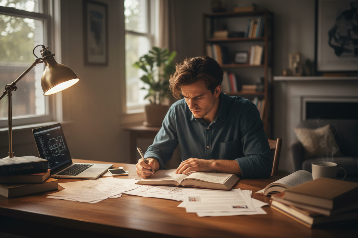 Picture of a person studying in focus with the person center of iage